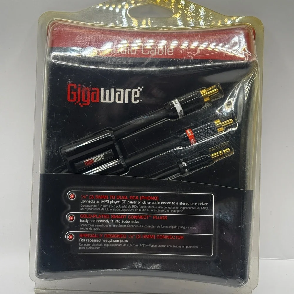 Gigaware Audio Cable 7ft Black  420-0414 3.5mm 1/8 to Dual RCA Phono Gold Plated
